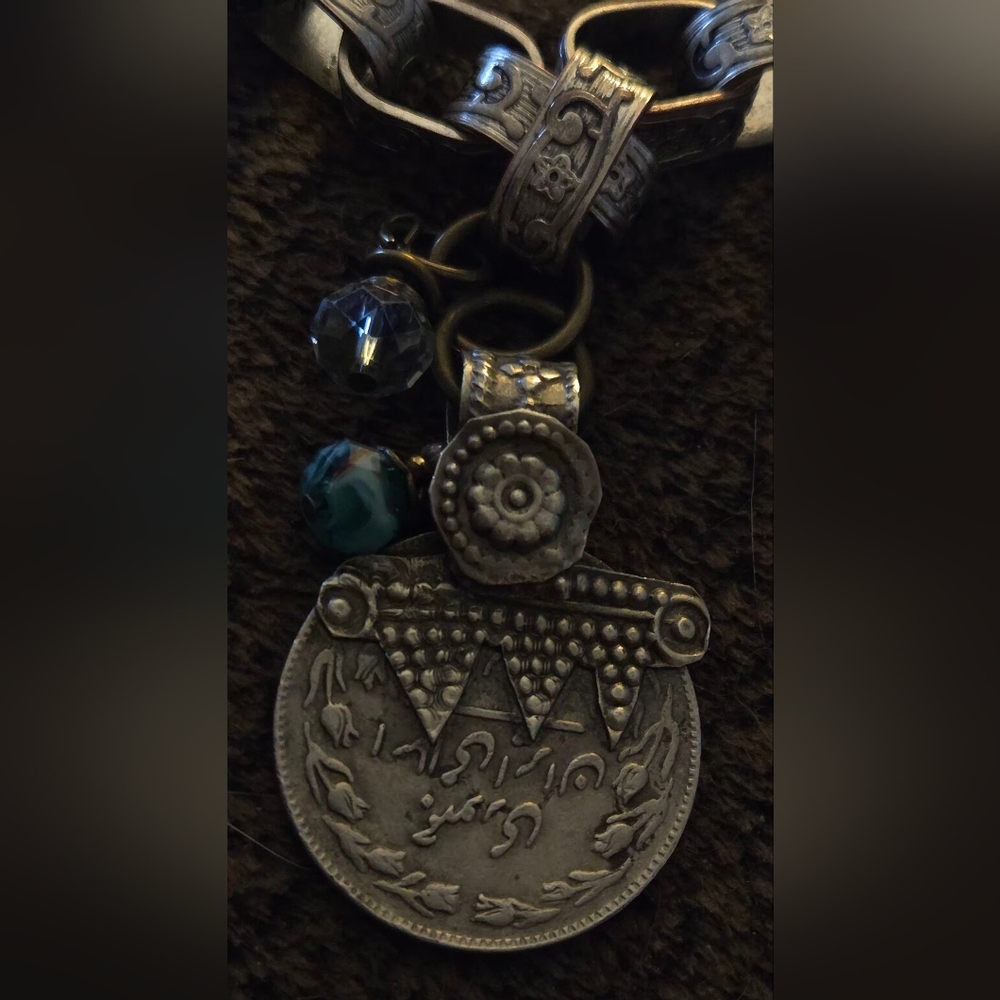 Bohemian Silver-Tone Engraved Pendant Bracelet with Teal Accent Bead - Picture 3 of 6